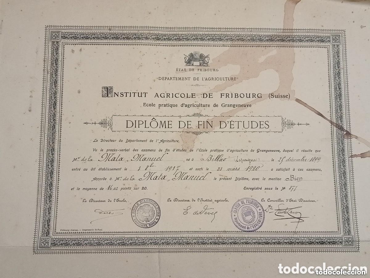 Alte Dokumente: 1920 - INSTITUT AGRICOLE DE FRIBOURG (SUISSE) - DIPLOME DE FIN D&acute;ETUDES. IMPRIMERIE ST-PAUL