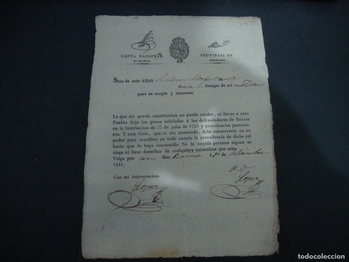 Documentos antiguos: RENTA NACIONAL DE SALINAS PROVINCIA DE BARCELONA 1841
