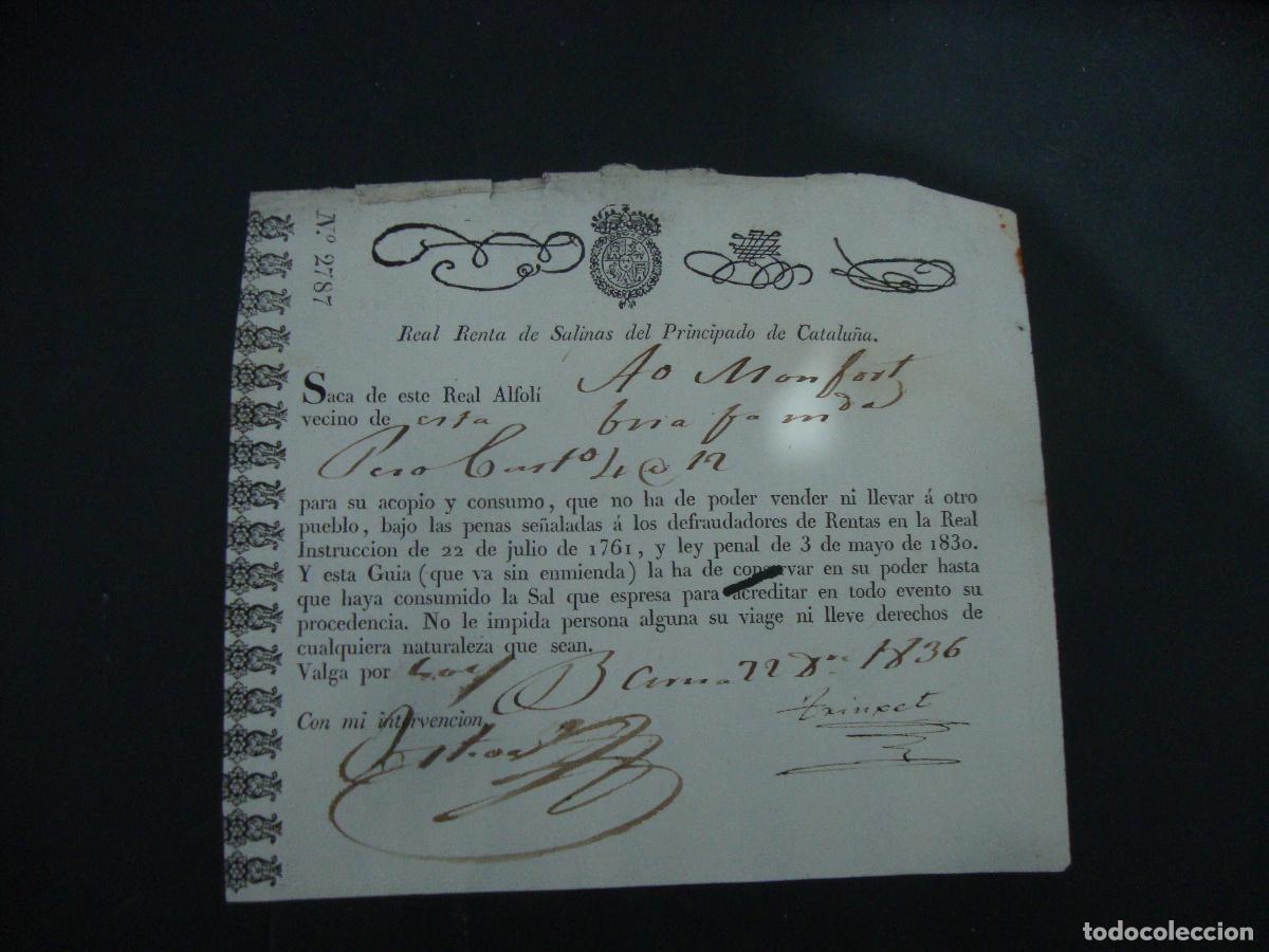 Documentos antiguos: REAL RENTA DE SALINAS DEL PRINCIPADO DE CATALU&Ntilde;A 1836