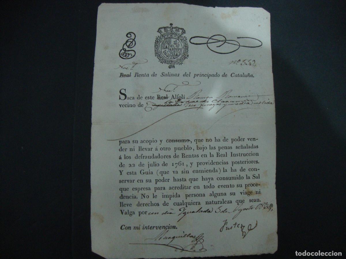Documentos antiguos: REAL RENTA DE SALINAS DEL PRINCIPADO DE CATALU&Ntilde;A 1832