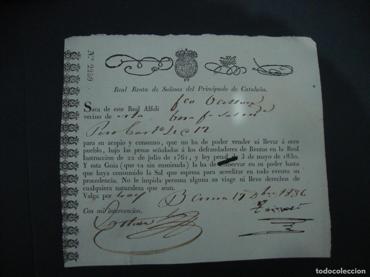Documentos antiguos: REAL RENTA DE SALINAS DEL PRINCIPADO DE CATALU&Ntilde;A 1836