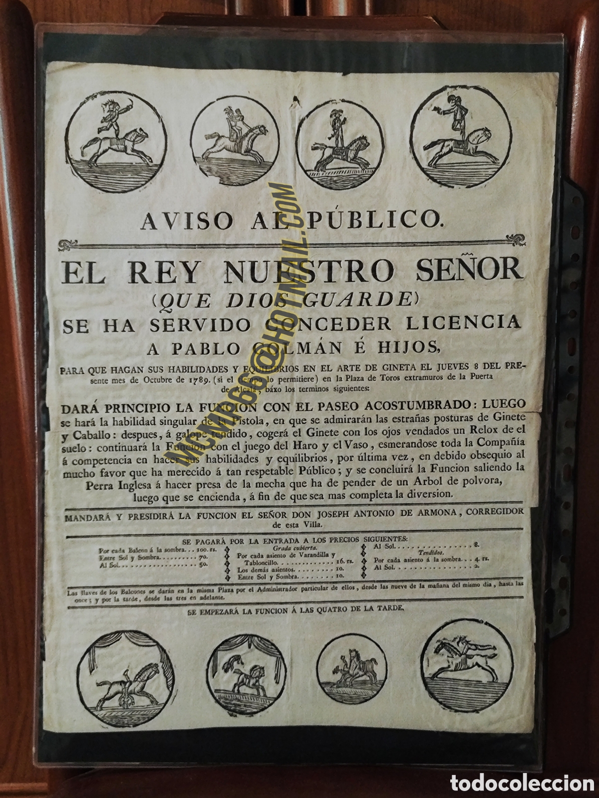 Documentos antiguos: CIRCO, PUERTA DE ALCAL&Aacute;, CARLOS IV, CABALLOS, PLAZA TOROS, MADRID, 1789