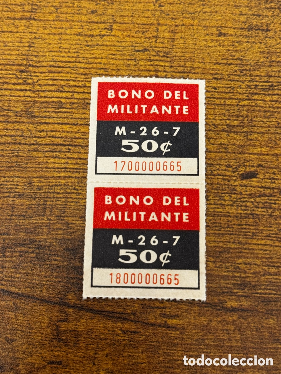 Documentos antiguos: Pareja de peque&ntilde;itos cupones del Bono del Manifestante del M-26-7 por valor de 50 centavos. Cuba