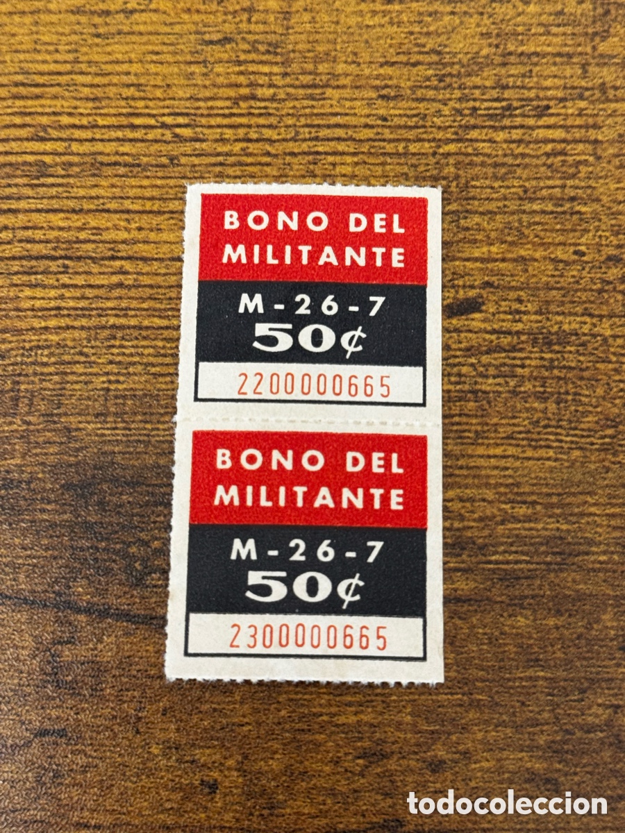 Documentos antiguos: Pareja de peque&ntilde;itos cupones del Bono del Manifestante del M-26-7 por valor de 50 centavos. Cuba