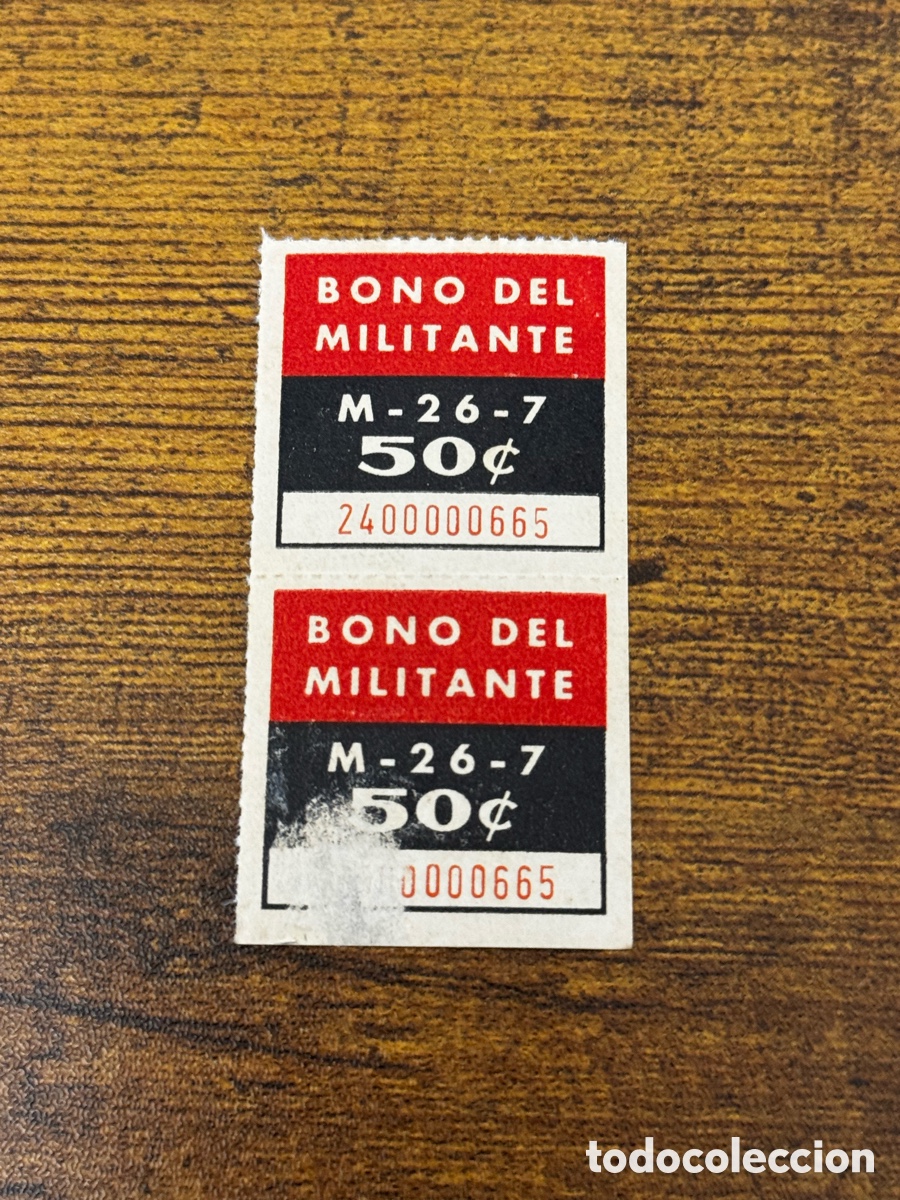 Documentos antiguos: Pareja de peque&ntilde;itos cupones del Bono del Manifestante del M-26-7 por valor de 50 centavos. Cuba