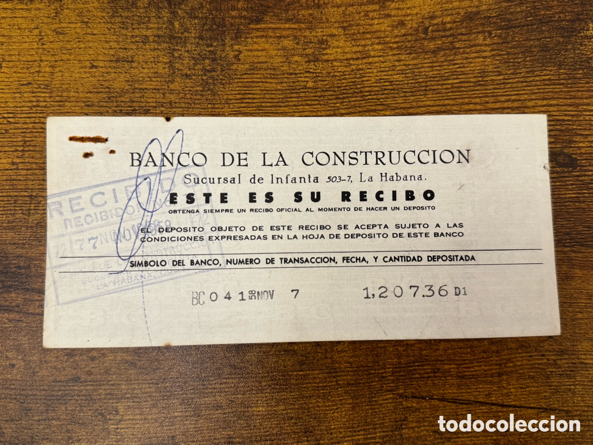 Documentos antiguos: Recibo del Banco de la Construcci&oacute;n 1958. Cuba