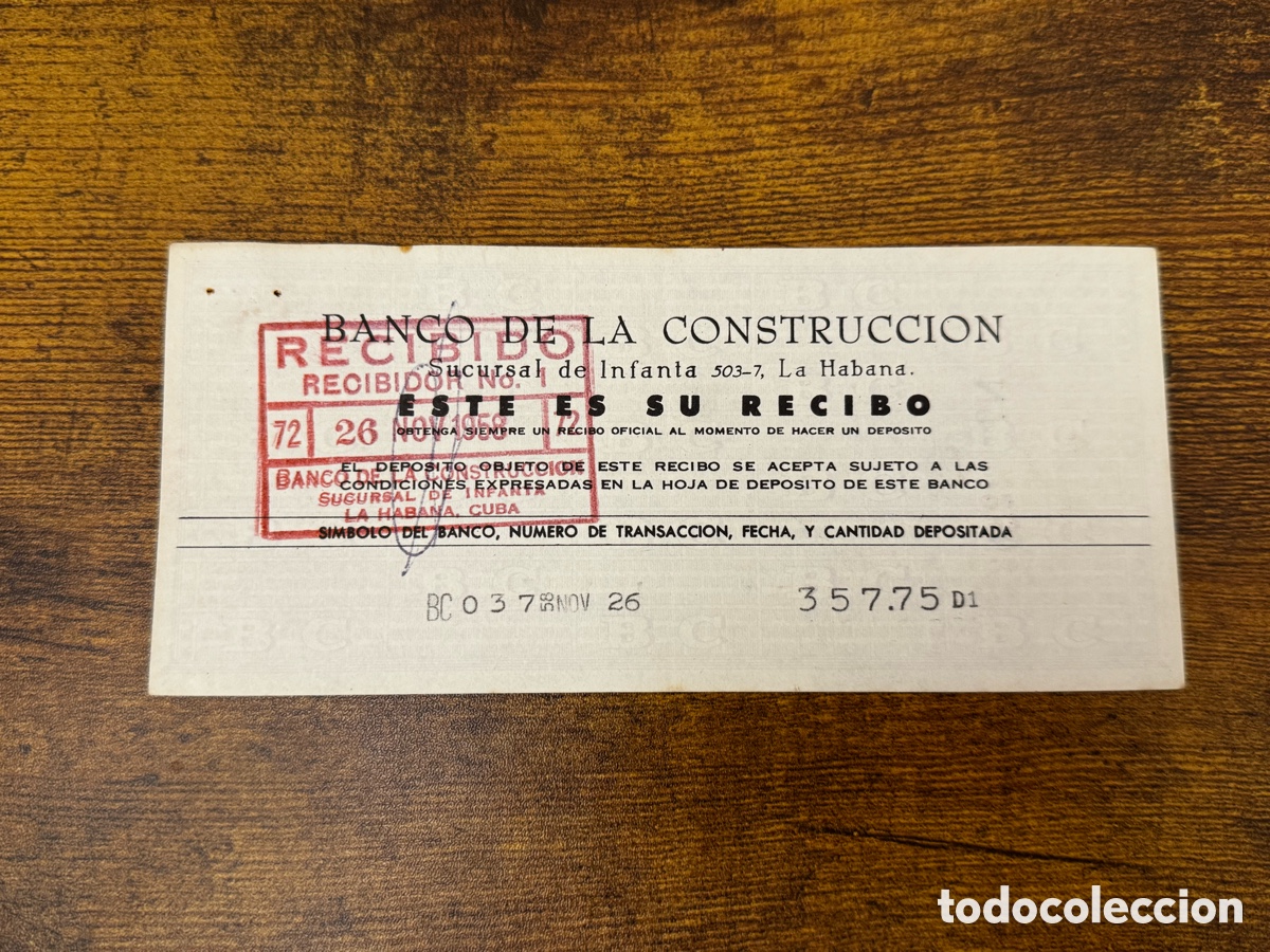 Documentos antiguos: Recibo del Banco de la Construcci&oacute;n 1958. Cuba - Foto 1