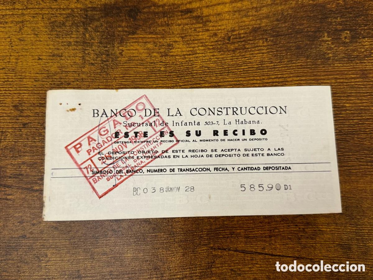 Documentos antiguos: Recibo del Banco de la Construcci&oacute;n 1958. Cuba