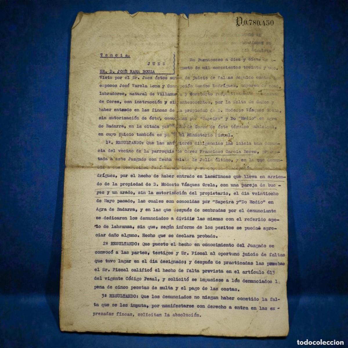 Documentos antigos: Documento Judicial Antiguo 1931 &ndash; Sentencia Original Juzgado Municipal Puenteceso Galicia