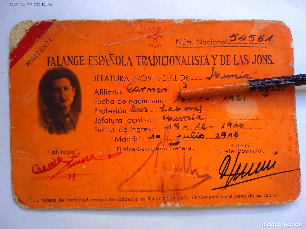 Documentos antiguos: FALANGE ESPA&Ntilde;OLA T. Y DE LAS JONS : CARNET MILITANTE SE&Ntilde;ORITA DE MURCIA . MADRID, 1946