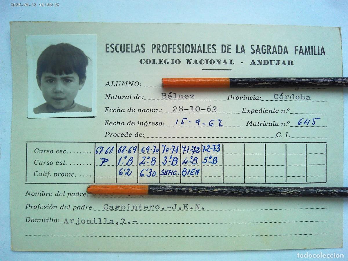 Old Documents: ESCUELAS PROFESIONALES SAGRADA FAMILIA : FICHA DE NI&Ntilde;O, CURSO 1967 - 68 , HASTA 1973. ANDUJAR ( JAEN
