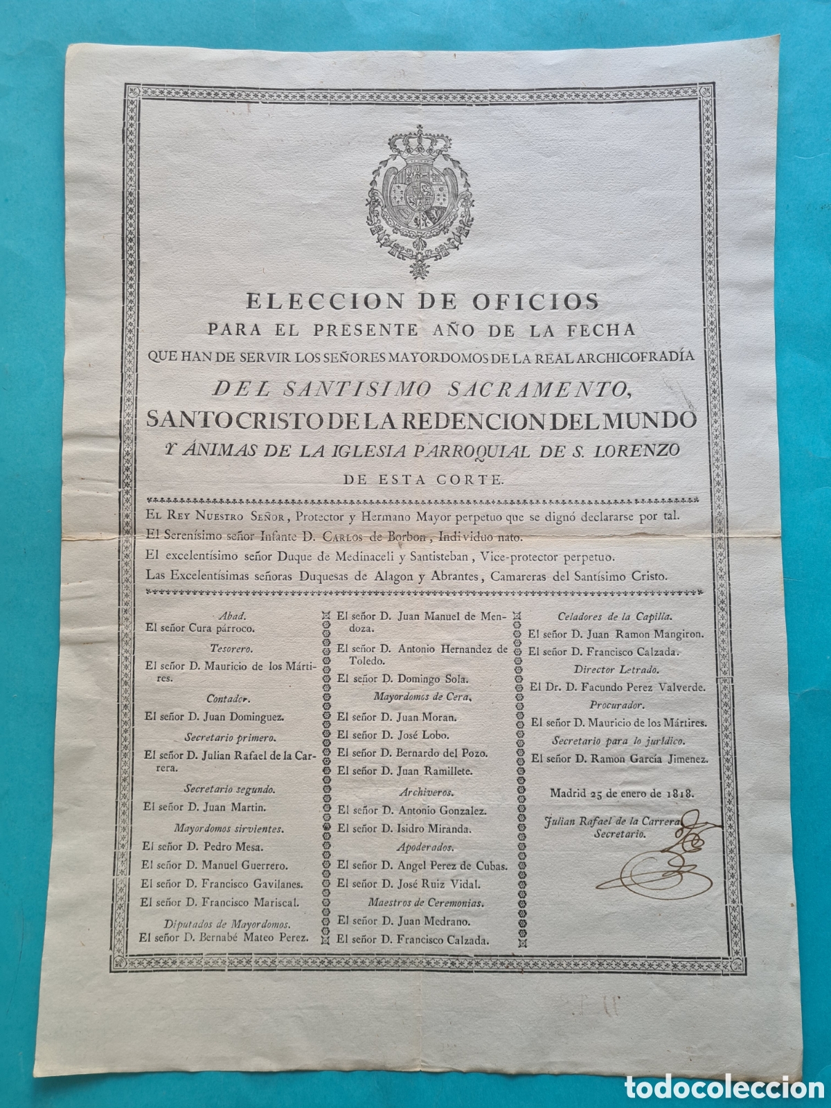 Documents Anciens: IGLESIA SAN LORENZO (MADRID) - ARCHICOFRADIA SANTISIMO SACRAMENTO - ANUNCIO ELECCION OFICIOS - 1818