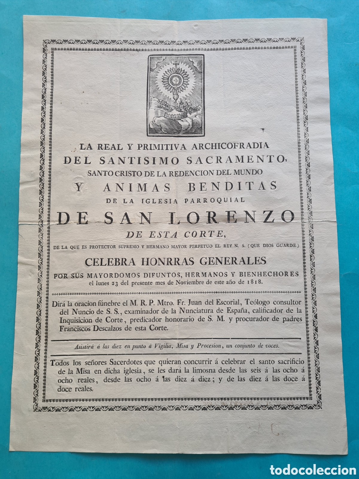 Alte Dokumente: IGLESIA SAN LORENZO (MADRID) - ARCHICOFRADIA SANTISIMO SACRAMENTO - ANUNCIO HONRAS GENERALES - 1818
