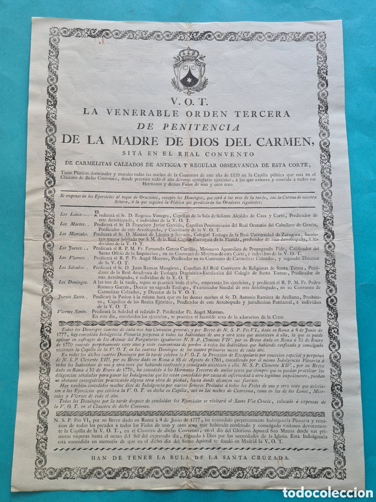 Documentos antigos: CONVENTO CARMELITAS CALZADOS MADRID - VENERABLE ORDEN TERCERA ... MADRE DEL CARMEN -A&Ntilde;O 1820 - VER