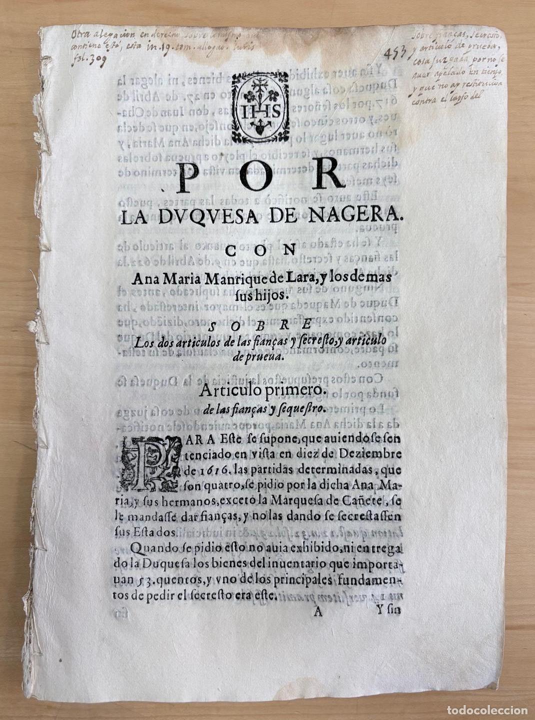 Documentos antiguos: PORC&Oacute;N JUR&Iacute;DICO DE LA DUQUESA DE N&Aacute;JERA SOBRE EL MAYORAZGO DE MAQUEDA, CA. 1617-1618