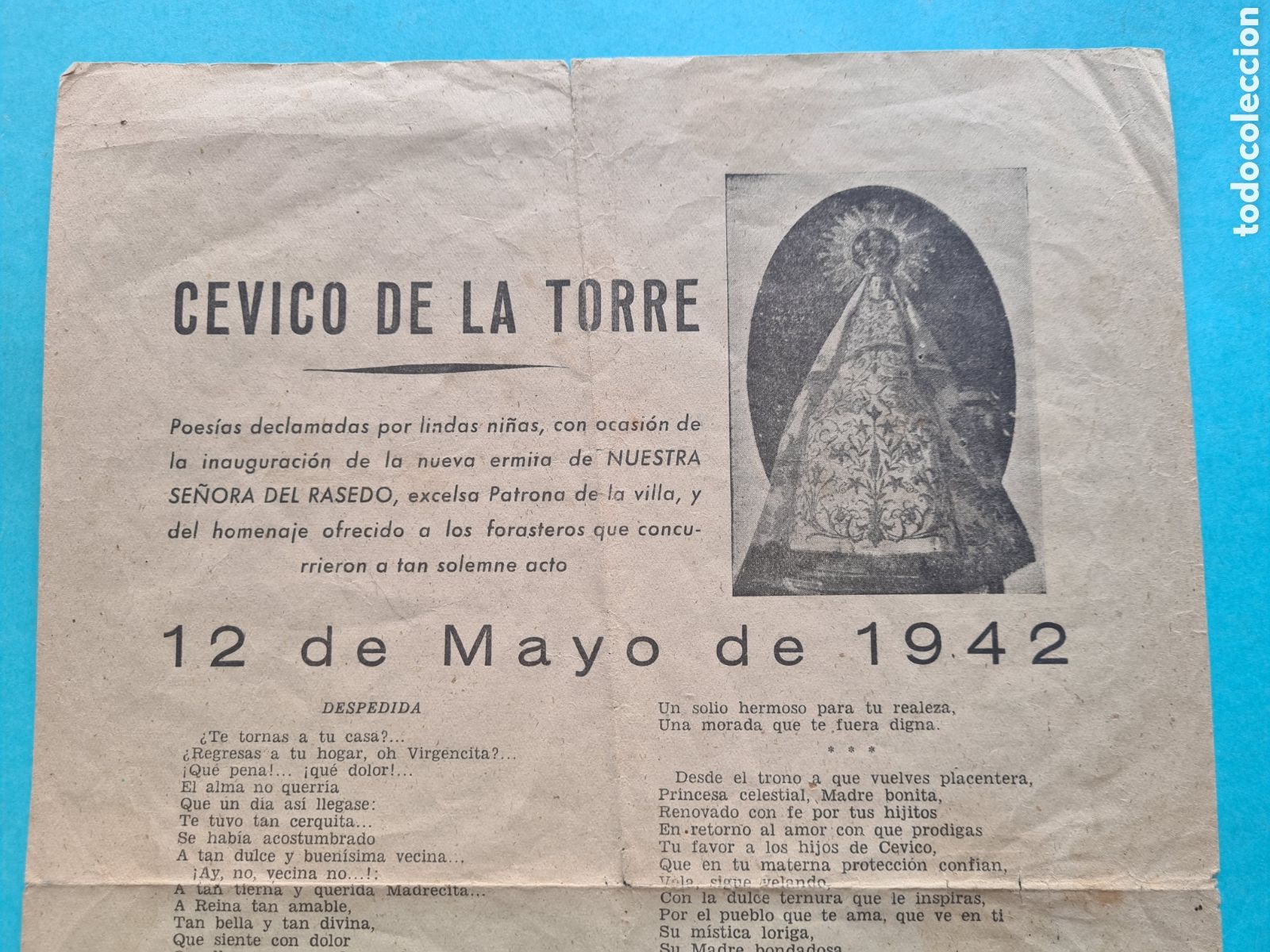 Old Documents: CEVICO DE LA TORRE (PALENCIA) PLIEGO POESIAS INAUGURACION ERMITA NTRA. SRA. DEL RASEDO 12 MAYO 1942