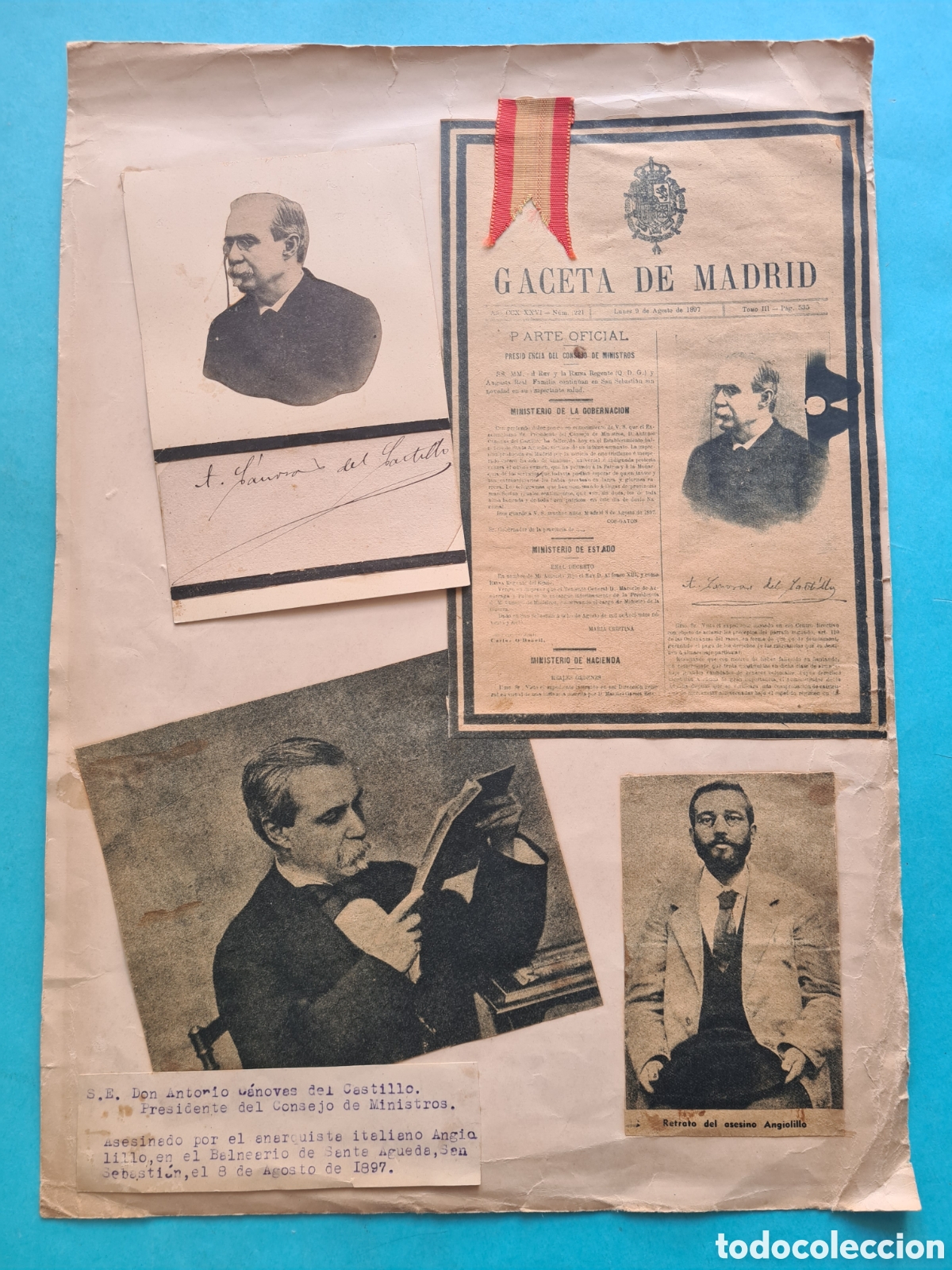 Documentos antiguos: MAGNICIDIO PRESIDENTE DE GOBIERNO ANTONIO CANOVAS DEL CASTILLO - 8 AGOSTO 1897 - RECORTES ORIGINALES