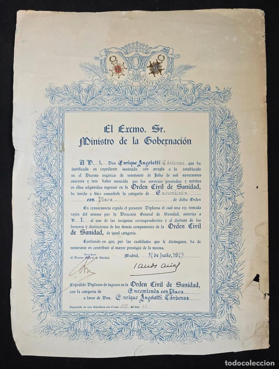 Documentos antiguos: Diploma Original Orden Civil de Sanidad &ndash; Encomienda con Placa &ndash; Ministerio de la Gobernaci&oacute;n