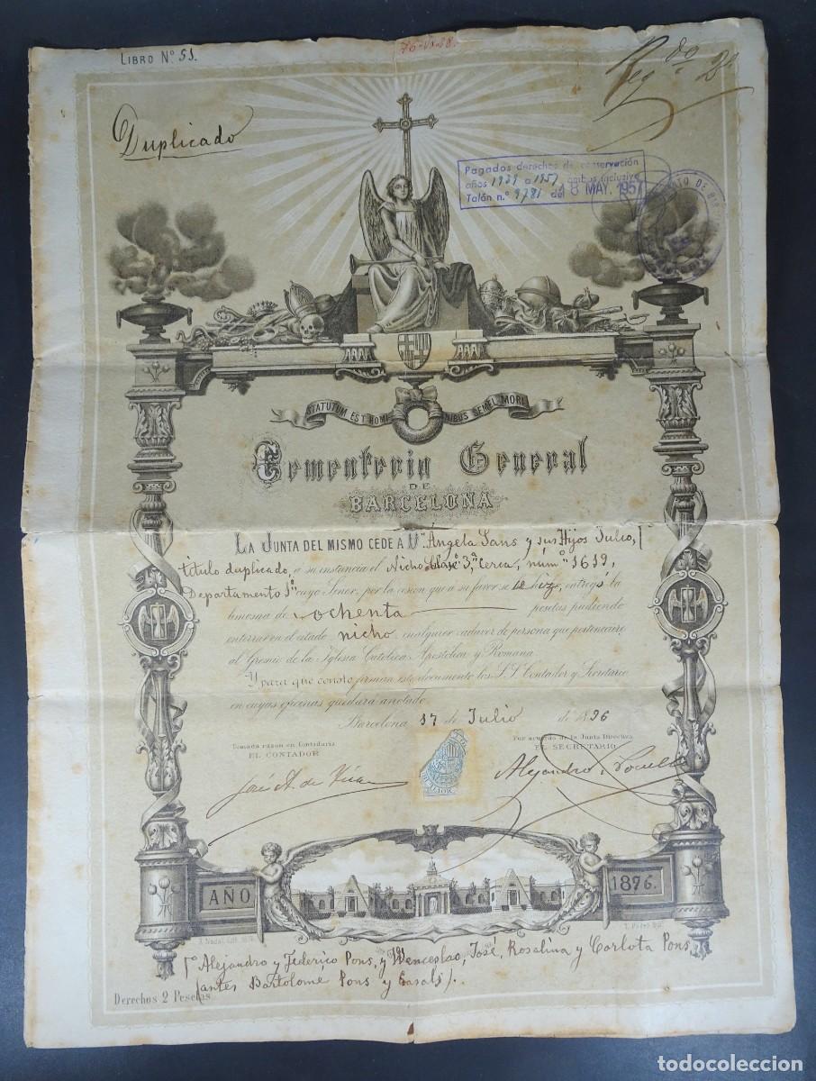 Documents Anciens: ANTIGUO T&Iacute;TULO DE NICHO, CEMENTERIO GENERAL DE BARCELONA, VER FOTOS