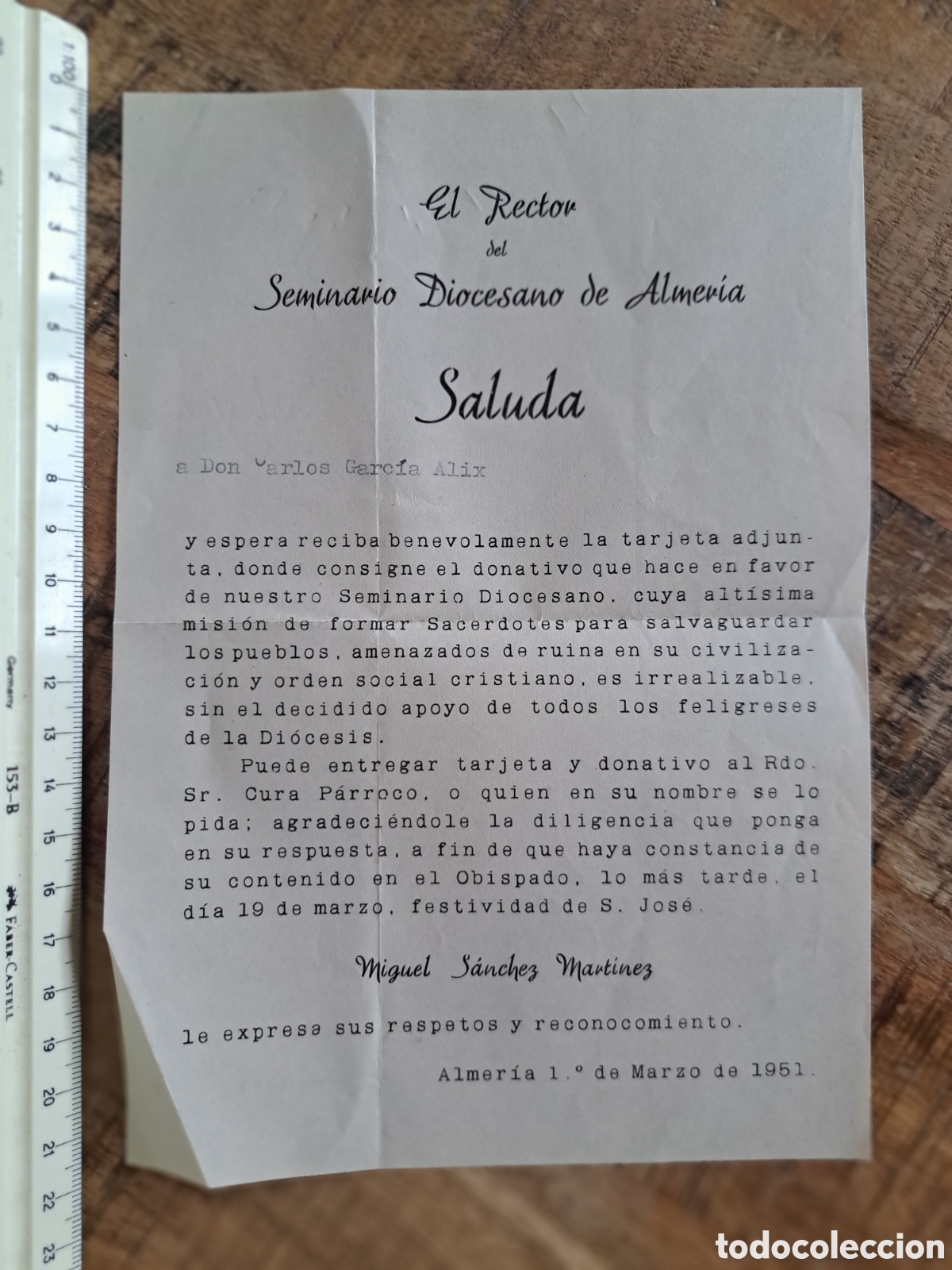 Documentos antiguos: Jml Carta pidiendo Donativo Rector Seminario Diocesano Almeria, Miguel Sanchez Martinez, A&ntilde;o 1951.