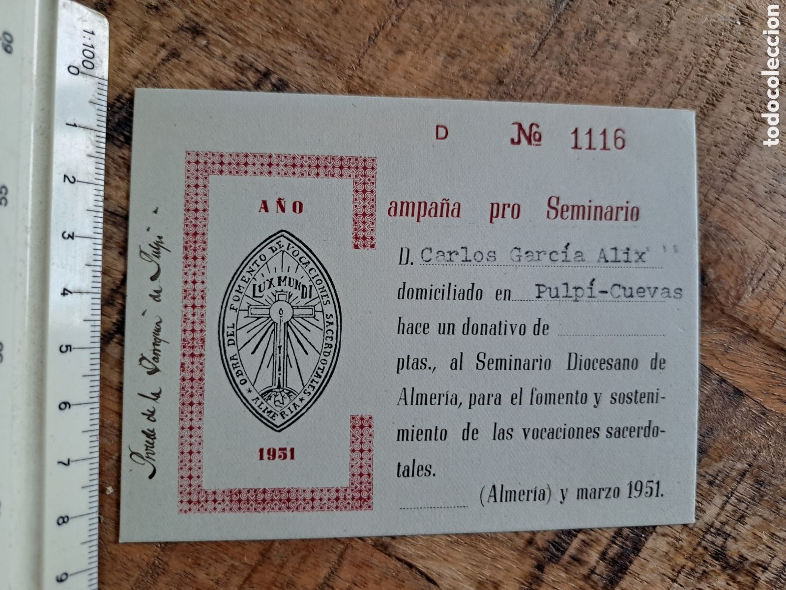 Documentos antiguos: Jml Tarjeta donativo Seminario Diocesano Lux Mundi Parroquia Pulpi, Obra Vocaciones 1951 Almeria