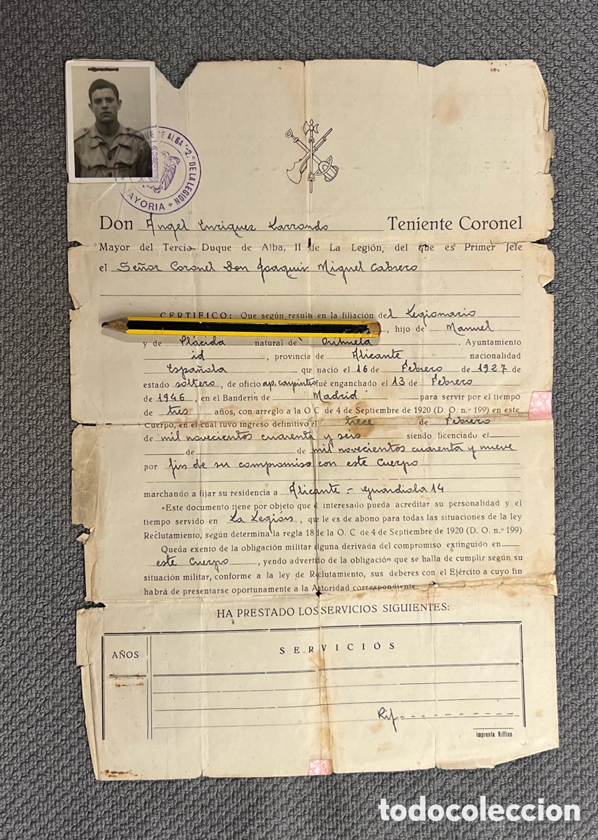 Documenti antichi: LICENCIA TOTAL. ORIHUELA. El Legionario del Tercio Duque de Alba, de Oficio Carpintero (a.1949)