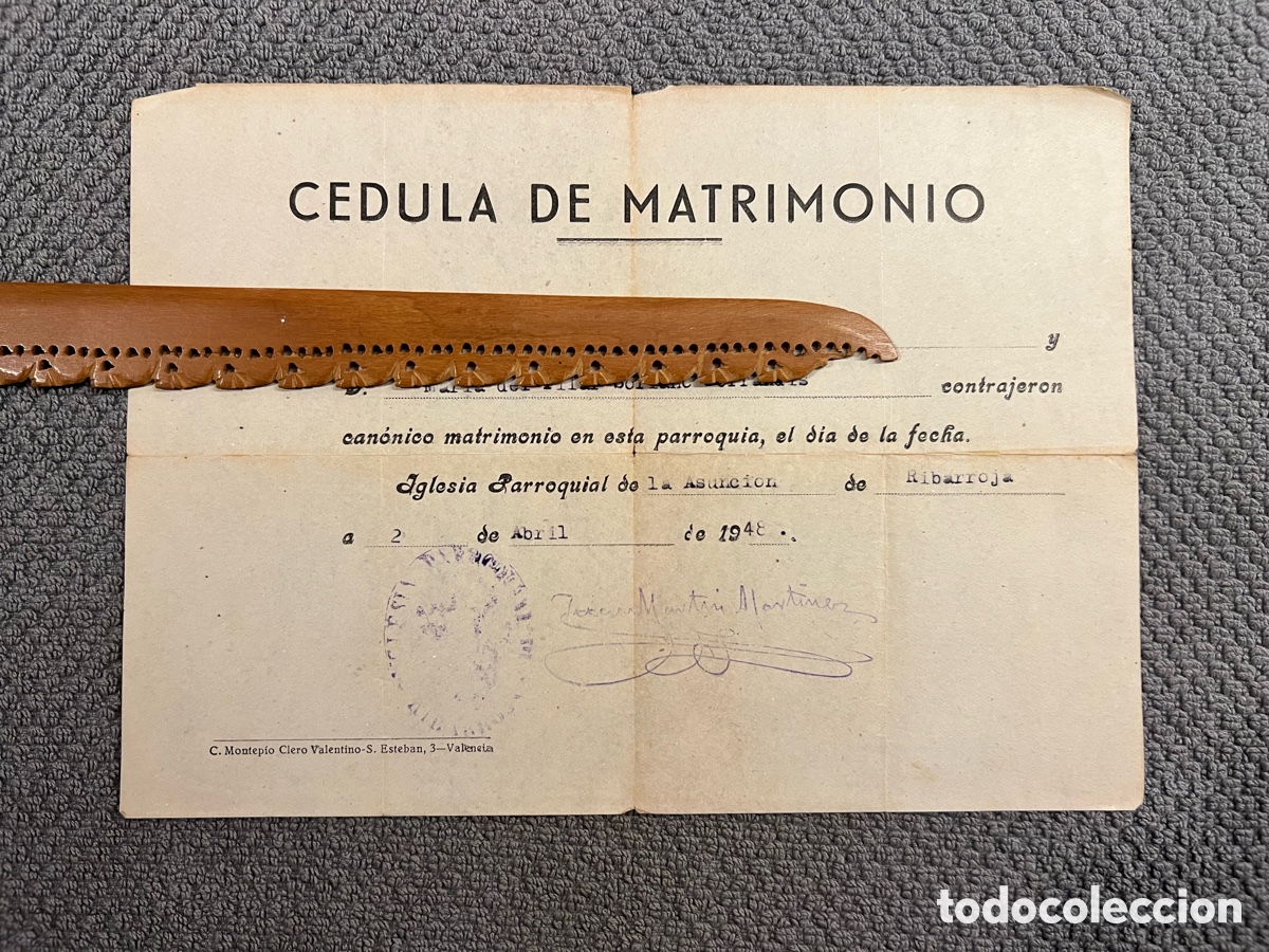 Documenti antichi: RIBARROJA DEL TURIA.. ALCALD&Iacute;A NACIONAL.. C&eacute;dula de Matrimonio (a.1948)