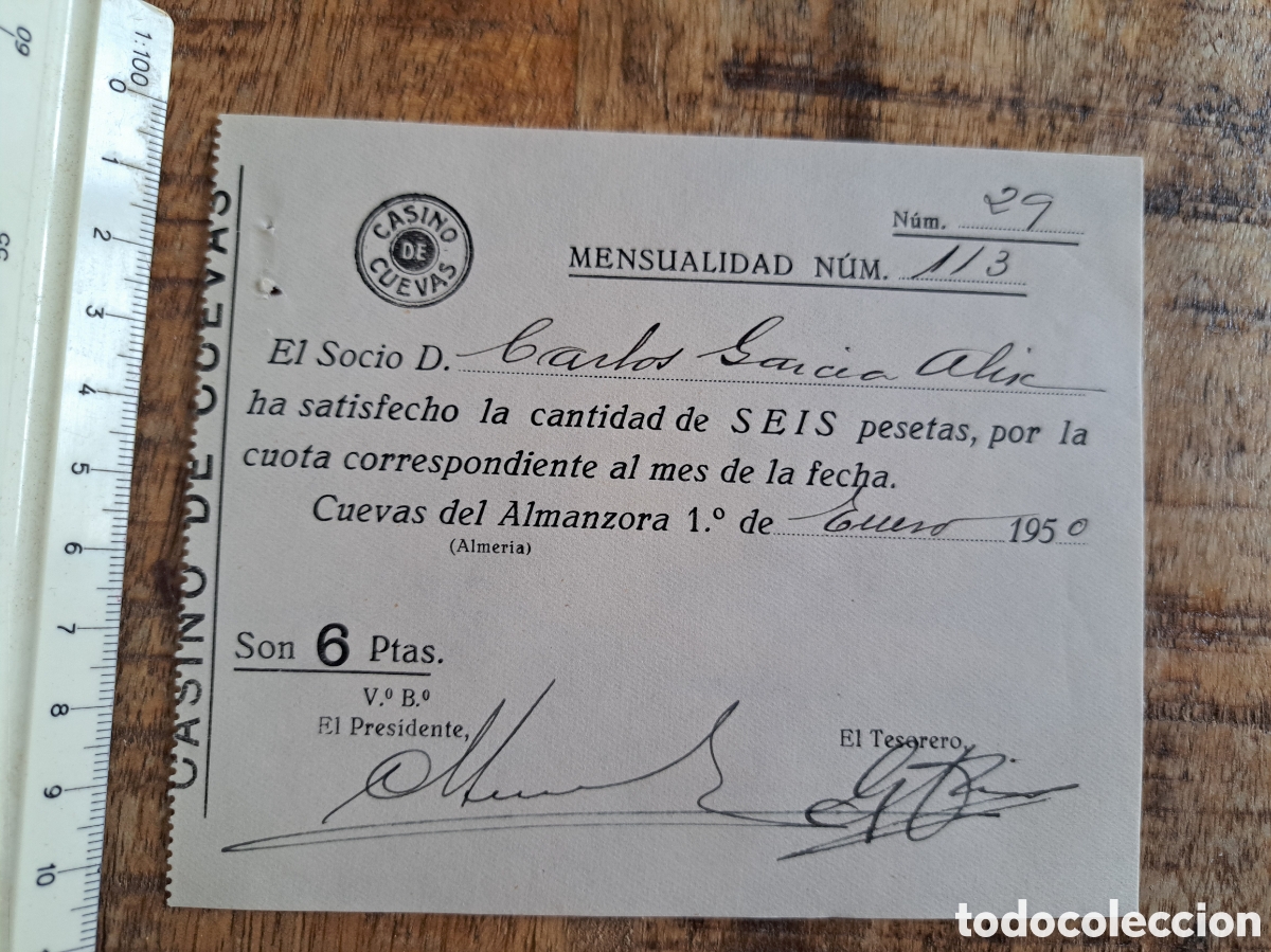 Documentos antiguos: Jml Recibo Mensualidad Casino de Cuevas del Almanzora, Almeria, a&ntilde;o 1950.
