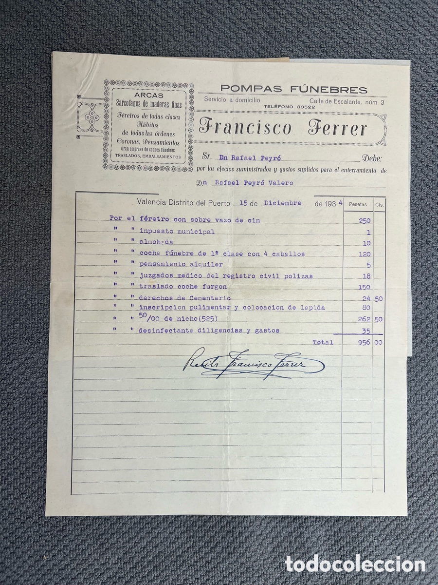 Documents Anciens: VALENCIA Distrito del Puerto. Pliego documentos. Curioso desglose conceptos Funerarios (a.1934)