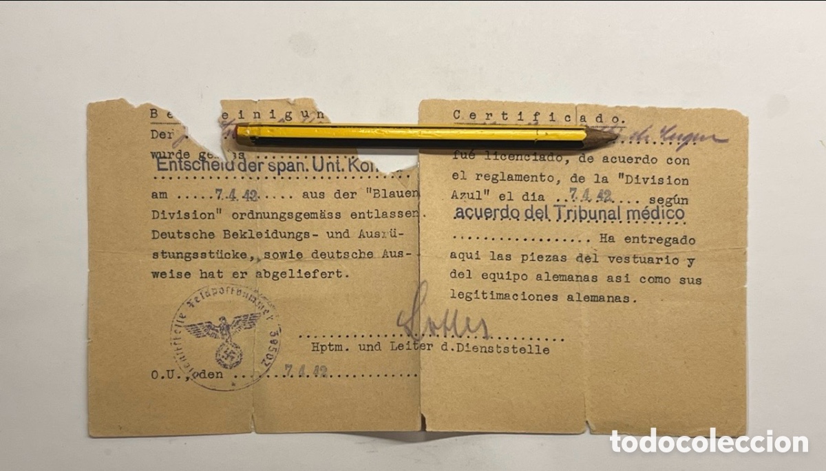 Documents Anciens: DIVISI&Oacute;N AZUL. Resguardo Certificado.. fue licenciado seg&uacute;n acuerdo Tribunal M&eacute;dico.. (a.1942)