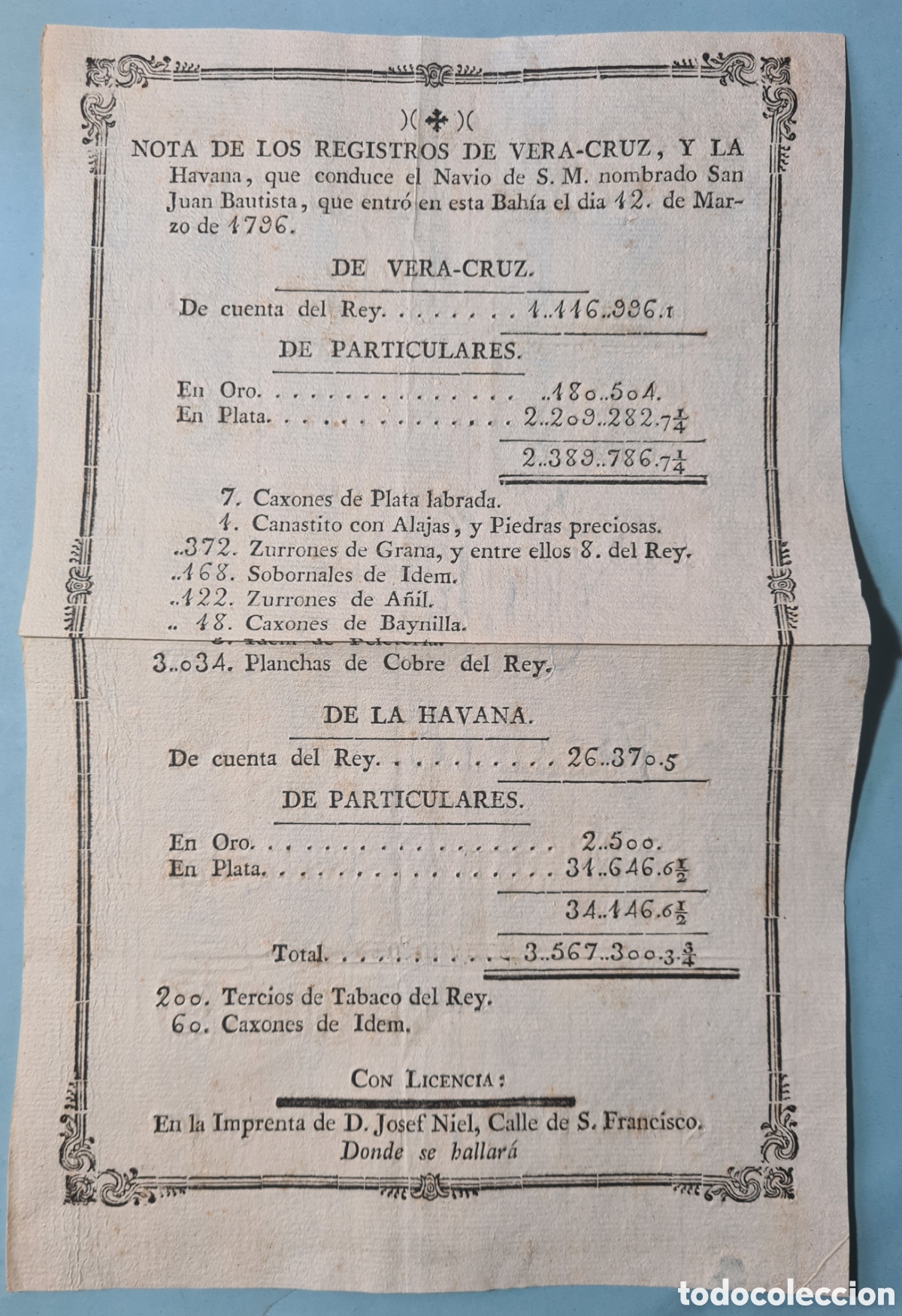 Documentos antigos: REGISTROS DE VERACRUZ y LA HABANA - NAVIO SAN JUAN BAUTISTA - CONOCIMIENTO EMBARQUE - CADIZ 1796