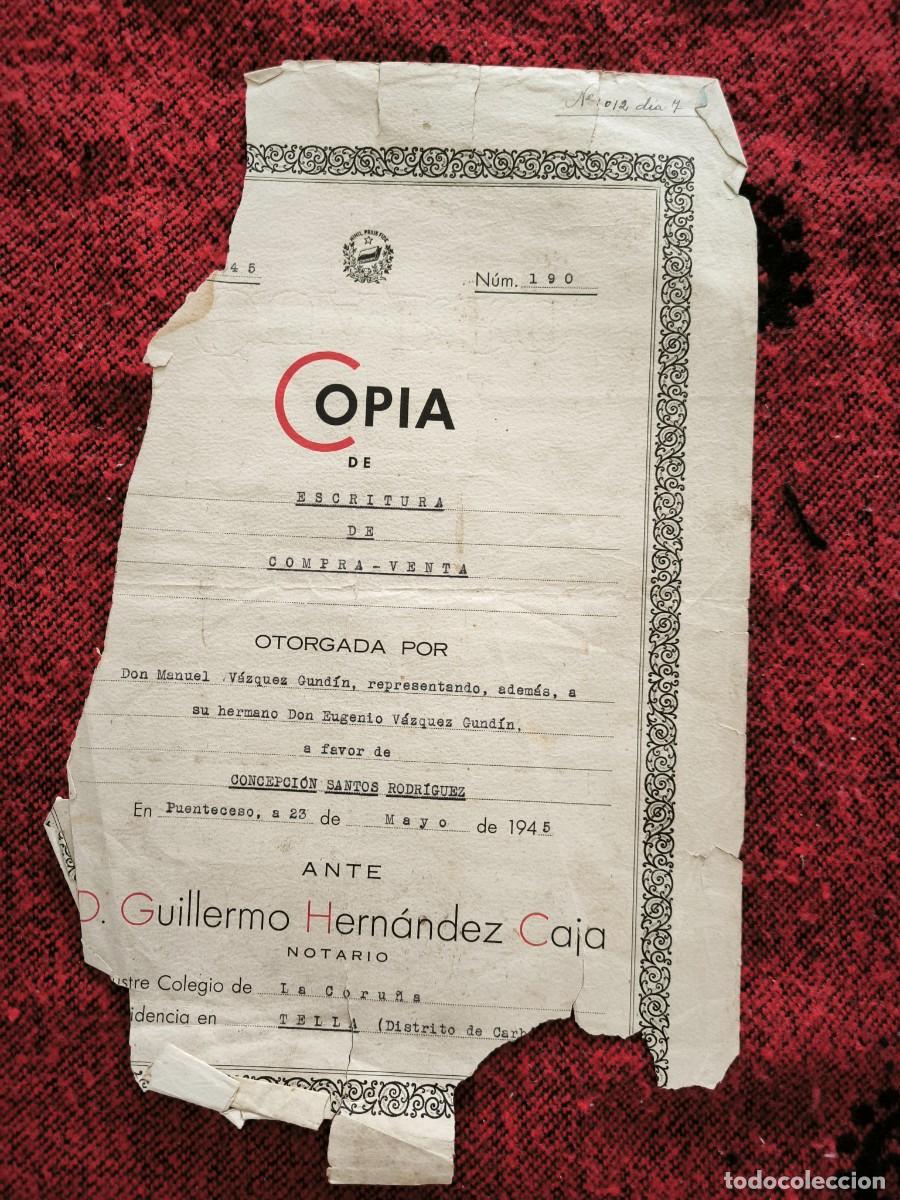 Documents Anciens: Copia De Escritura De Compraventa Notarial De 1945 Puenteceso Documento Hist&oacute;rico Original