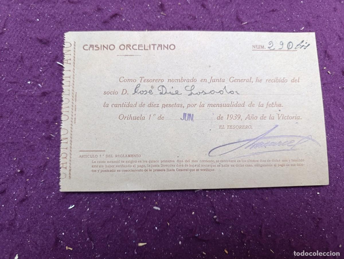 Documentos antigos: Antiguo Documento, Orihuela, Recibo del Casino Orcelitano, 1939