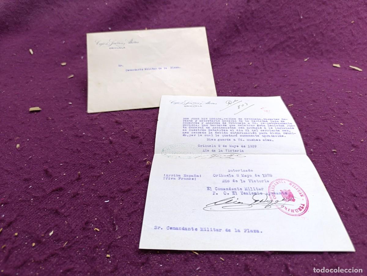Documents Anciens: Antiguo Documento, Orihuela, Caja de Socorros y Ahorros, a comandancia militar, 1939, con sobre