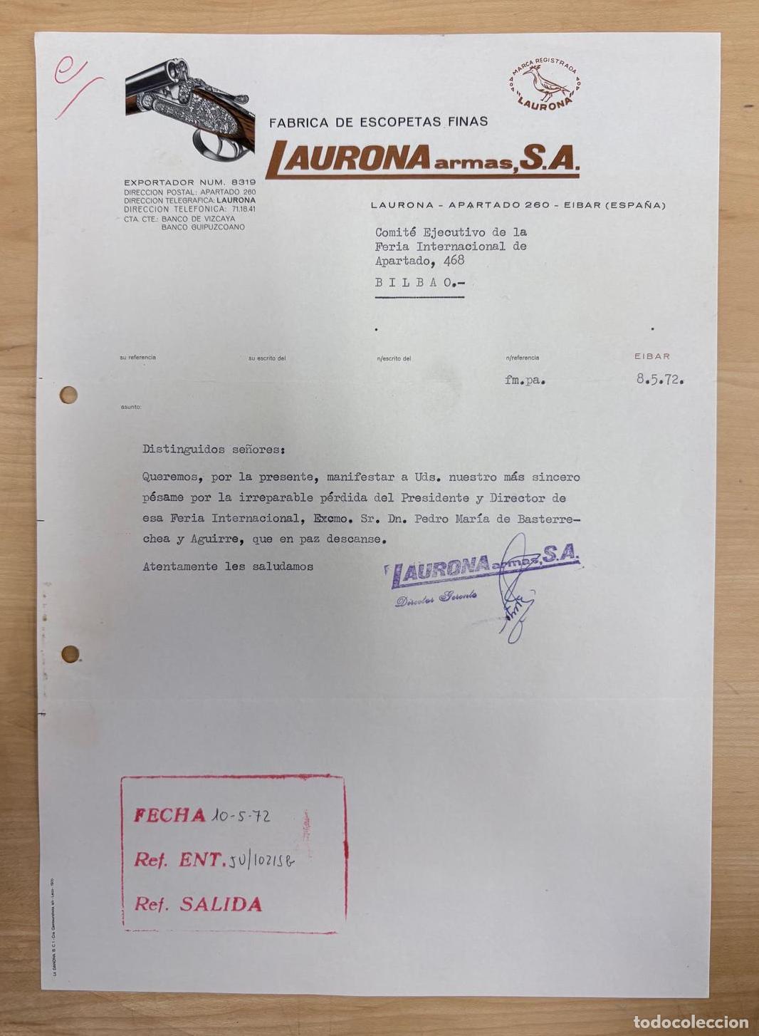 Documentos antiguos: LAURONA ARMAS, S.A. (EIBAR). CARTA MECANOGRAFIADA FIRMADA DE CONDOLENCIA POR EL FALLECIMIENTO DE PED
