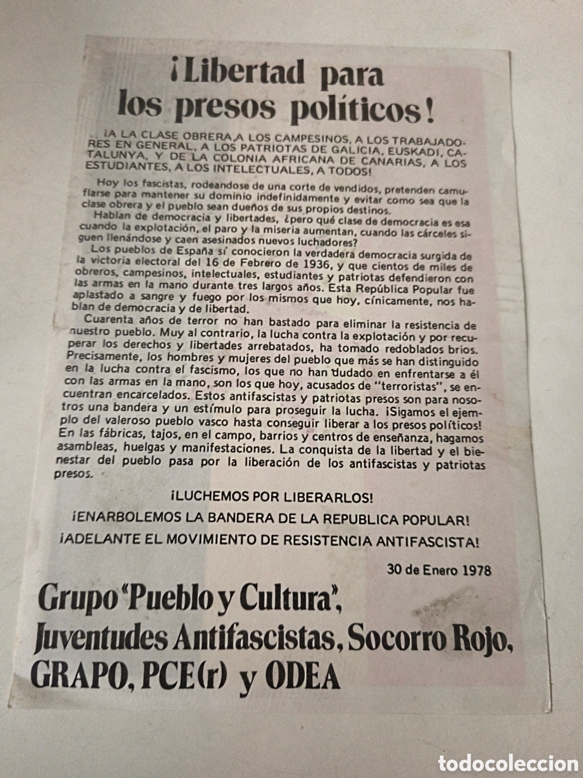 Documentos antiguos: Panfleto politico: Libertad para los presos pol&iacute;ticos