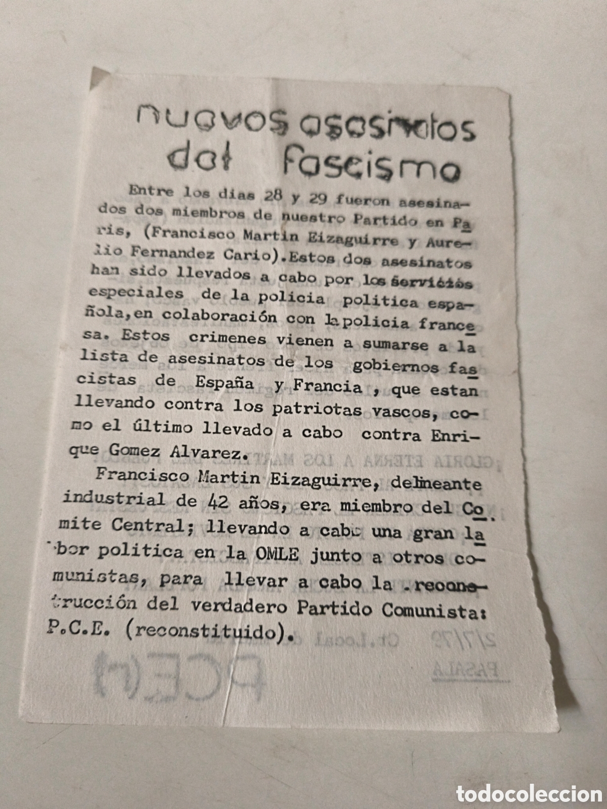 Documentos antiguos: Nuevos asesinatos del fascismo. PCE. 1979