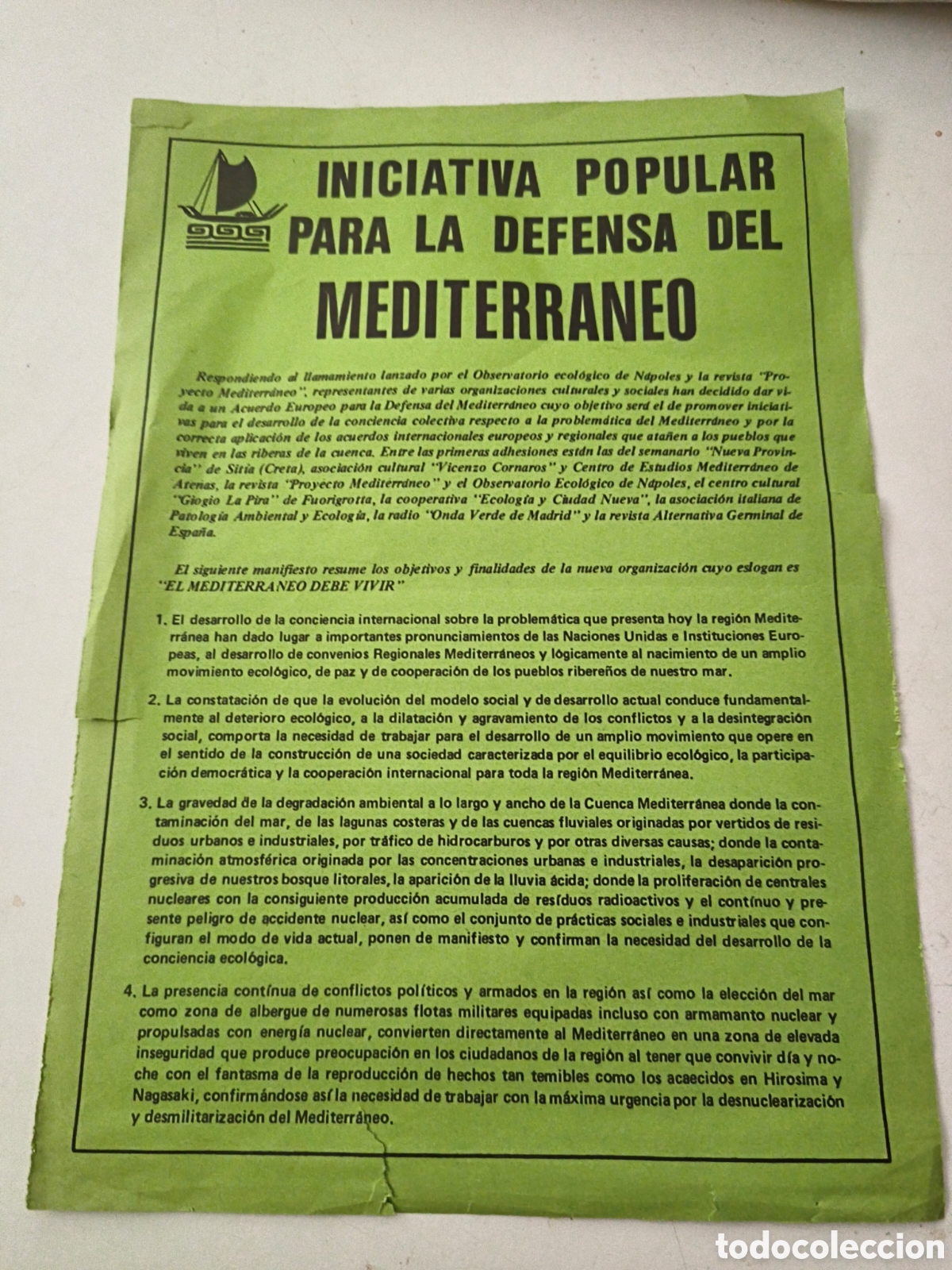 Documentos antiguos: Panfleto Iniciativa popular para la defensa del Mediterr&aacute;neo