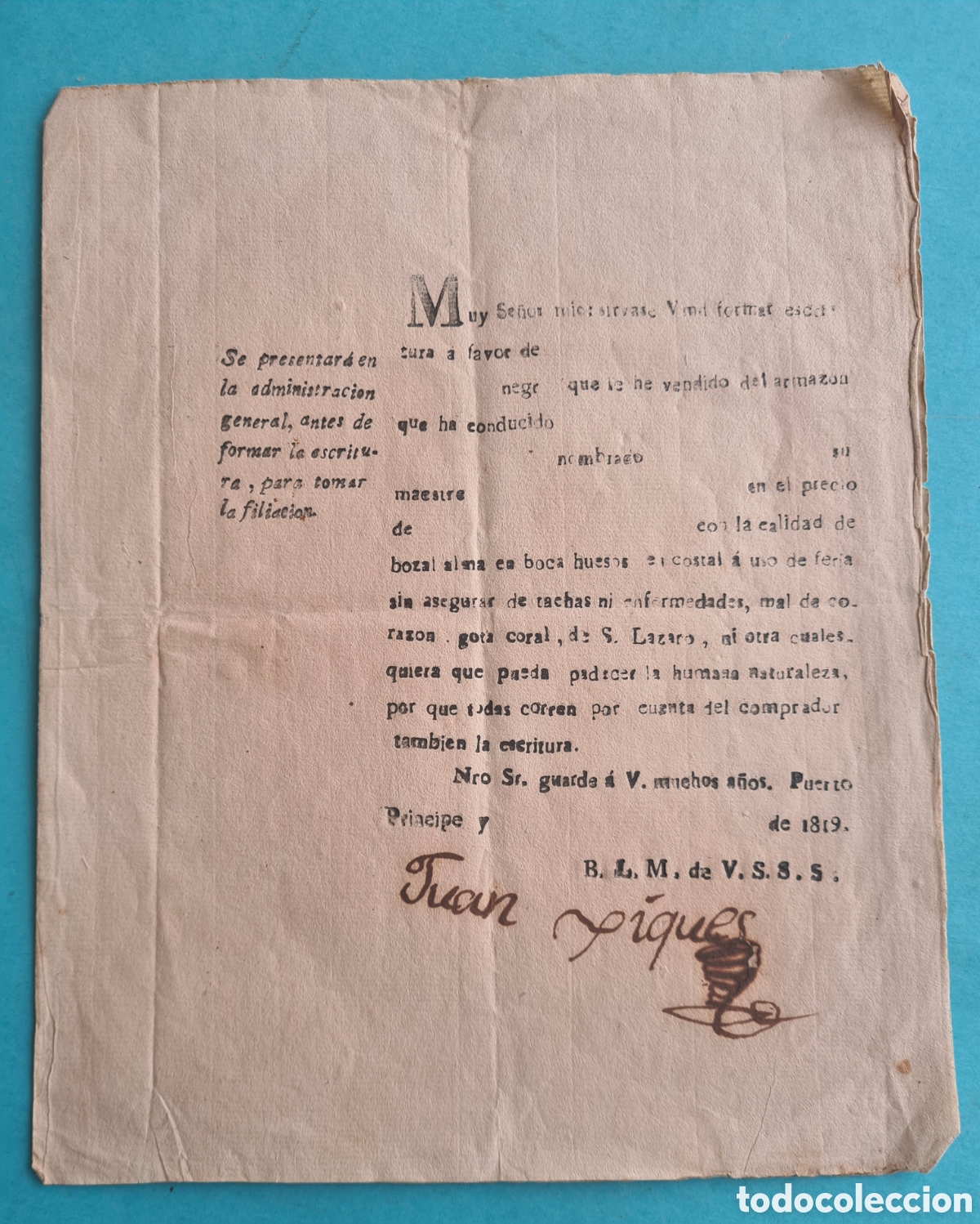 Documentos antiguos: CONTRATO COMPRAVENTA DE ESCLAVOS EN CUBA 1819 CON FIRMA DE JUAN XIQUES TRATANTE DE ESCLAVOS CATAL&Aacute;N