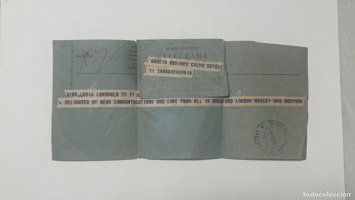 Documentos antiguos: Antiguo TELEGRAMA ZARAGOZA LONDON encantados con la noticia