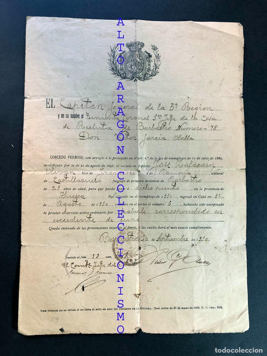 Documentos antiguos: BARBASTRO 1910 / LICENCIA MILITAR EXCEDENTE CUPO / CASTILLAZUELO / HUESCA