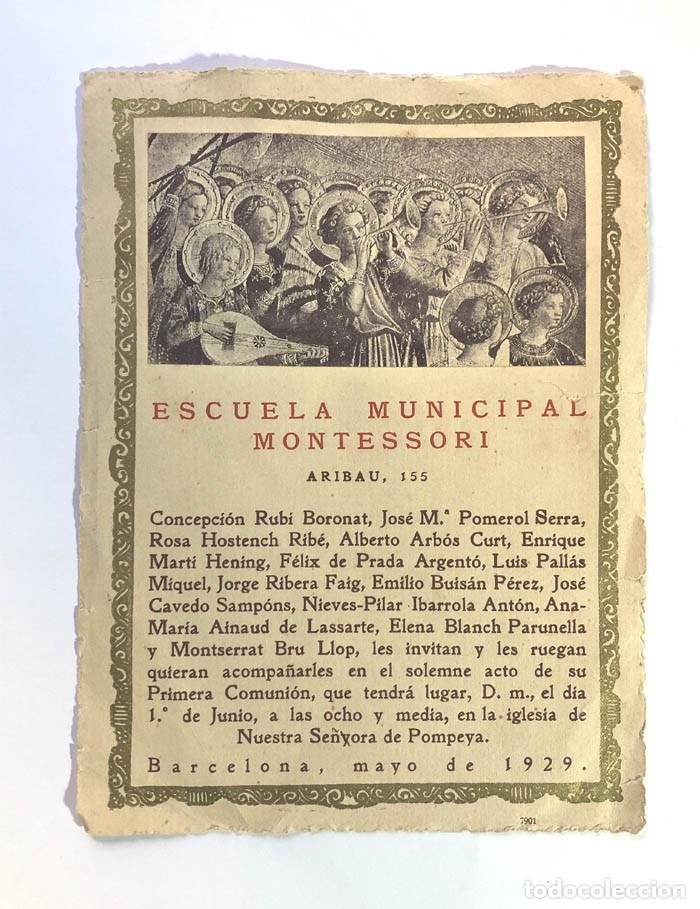 Documentos antiguos: BARCELONA 1929 / ESCUELA MUNICIPAL MONTESSORI / INVITACI&Oacute;N PRIMERA COMUNI&Oacute;N / NTRA. SRA. POMPEYA