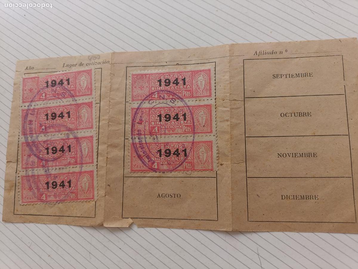 Documenti antichi: Falange. Central sindicalista 1941. Lote de 7 cupones de cotizaci&oacute;n / vi&ntilde;etas
