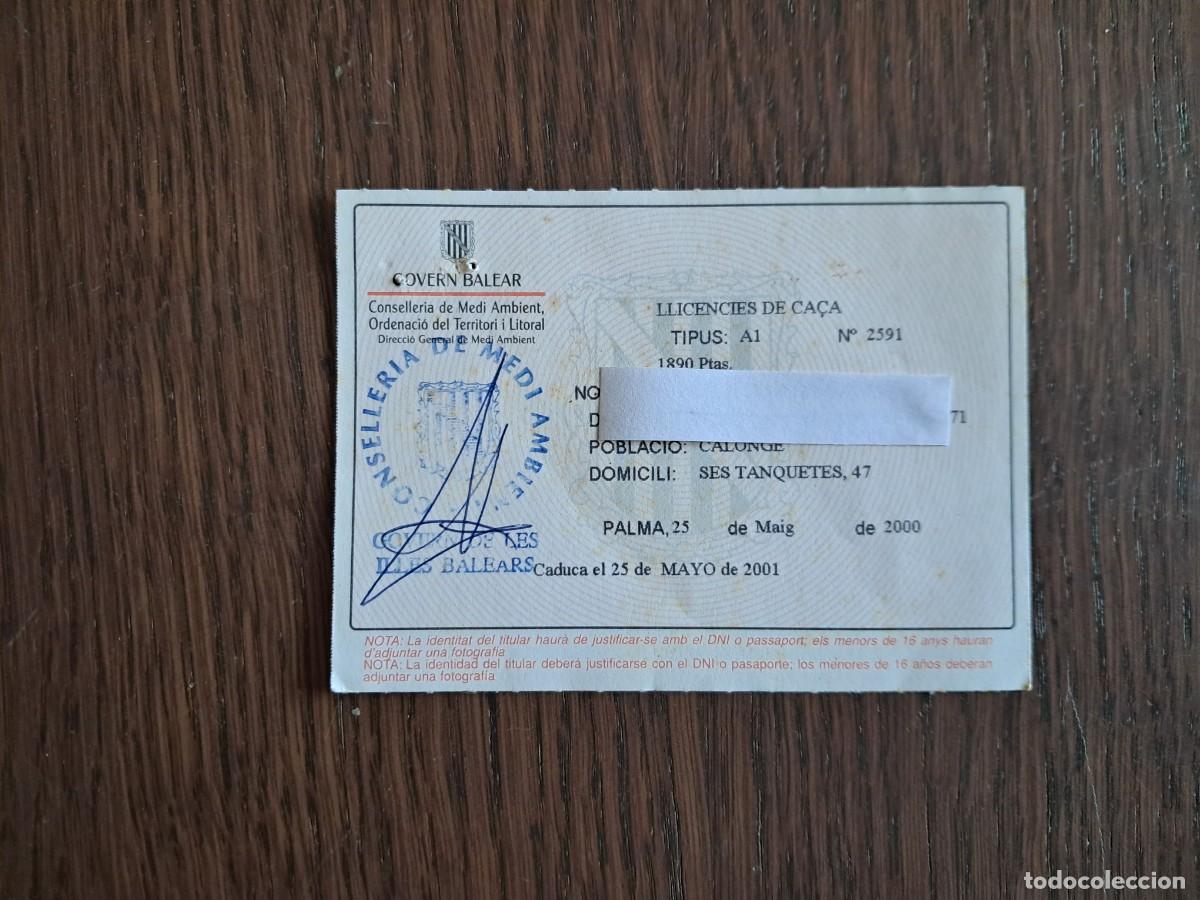 Documentos antiguos: carnet, licencia caza, clase A1, conselleria de medi ambient, Govern Balear, a&ntilde;o 2000.
