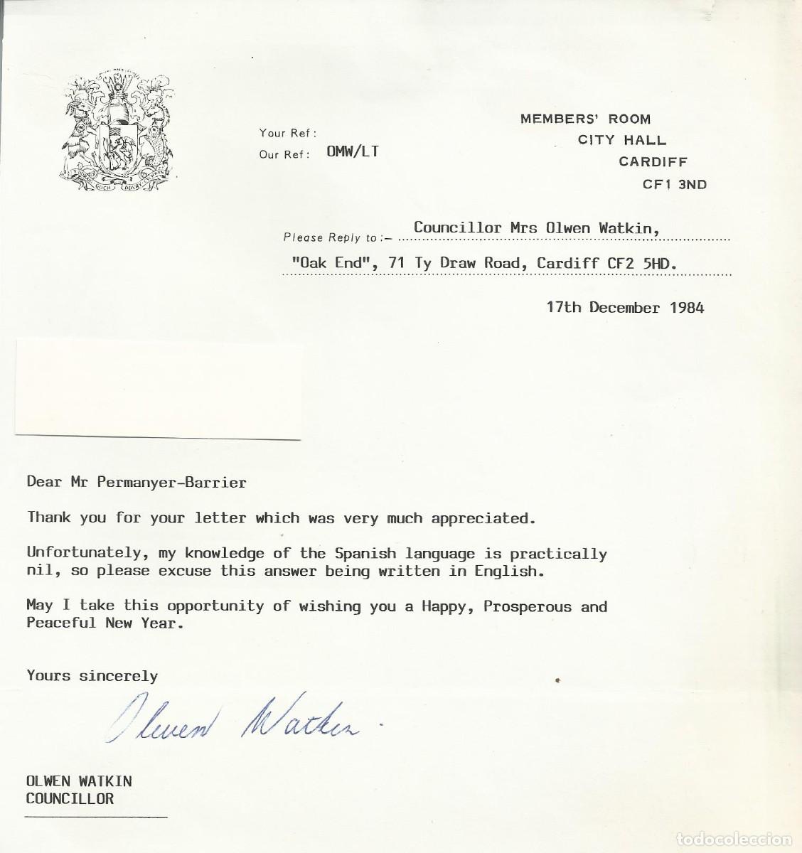 Documentos antiguos: Carta firmada Olwen Watkin. 1984. Papel. Alcaldesa Cardiff. Gales. 20,5x20 cm.