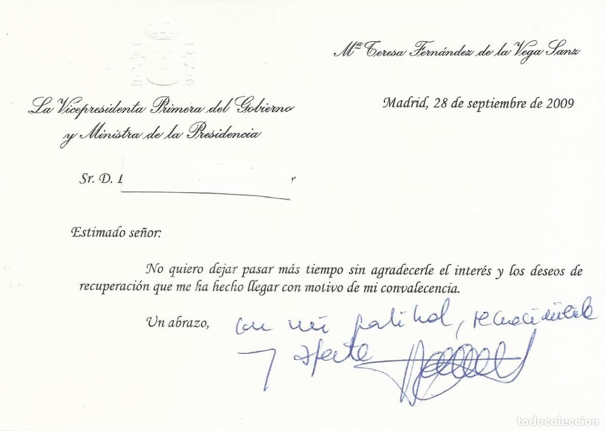 Documentos antiguos: Tarjeta firmada y dedicada Mar&iacute;a Teresa Fern&aacute;ndez de la Vega. Vicepresidenta. Madrid. 2009. Ministra