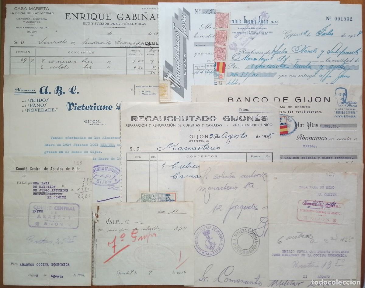 Documentos antiguos: ASTURIAS. Lote de 10 documentos de la guerra civil de Gij&oacute;n: vales, facturas, recibos ... 1936-1938