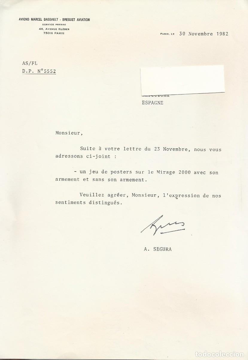 Documentos antiguos: Documento Papel. Avions Marcel Dassault - Breguet Aviation. Paris. 1982. A. Segura firmado. Francia