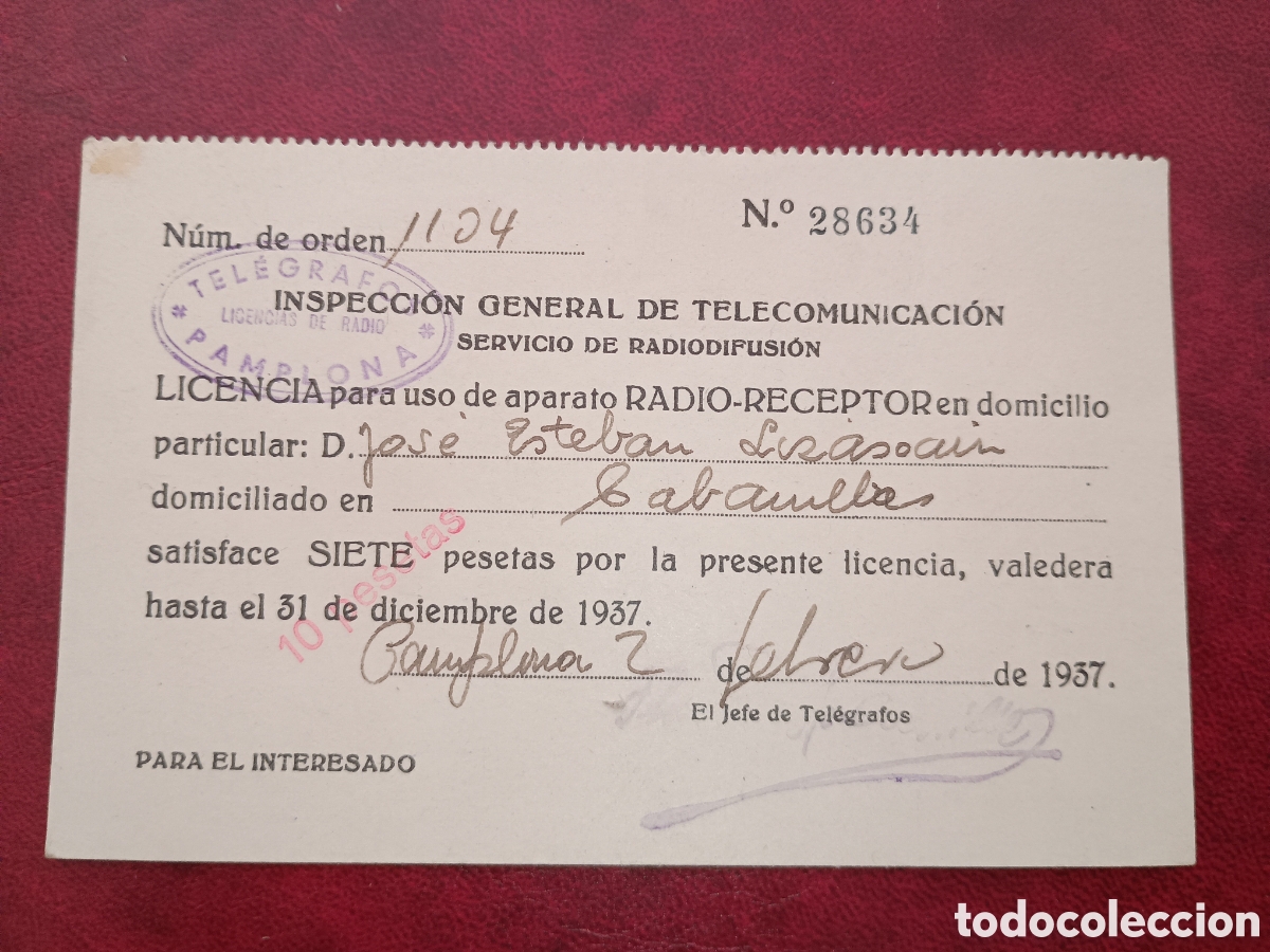 Documentos antiguos: ESPA&Ntilde;A 1937 - INSPECCI&Oacute;N GENERAL DE TELECOMUNICACI&Oacute;N - LICENCIA DE RADIO - TEL&Eacute;GRAFOS, PAMPLONA