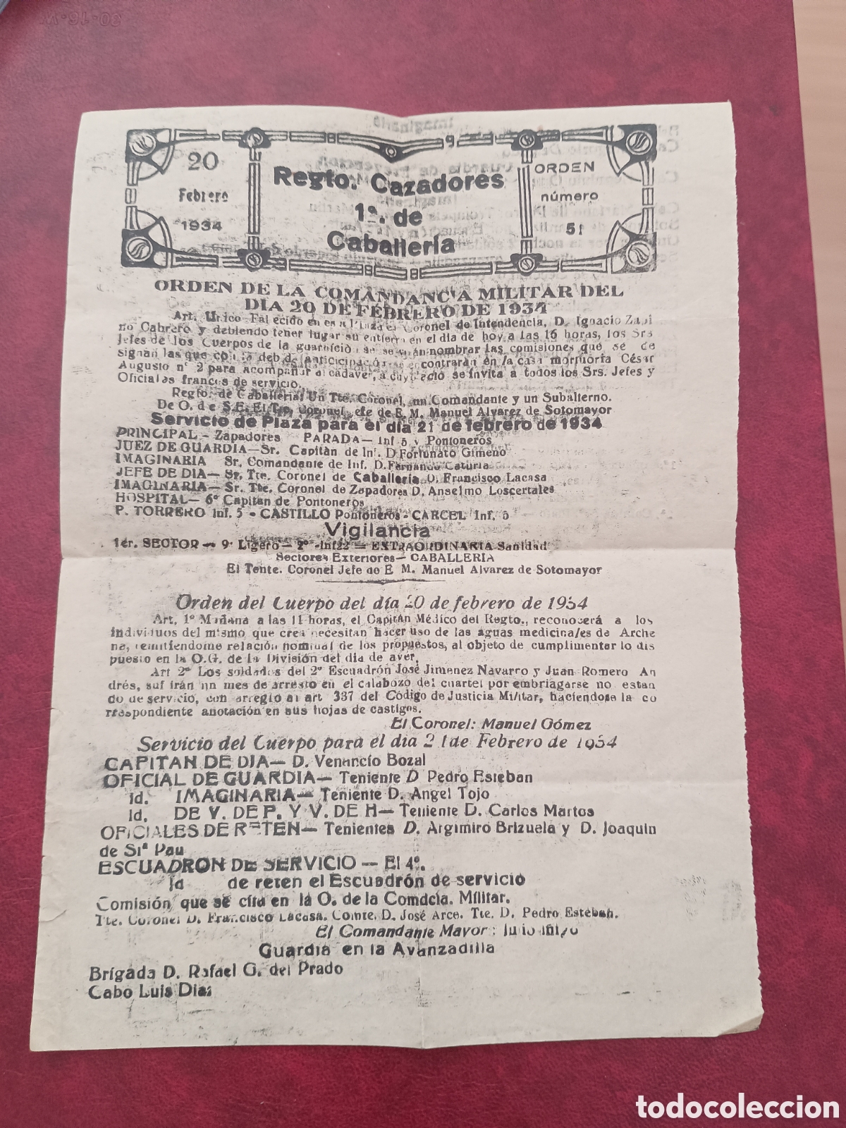 Documentos antiguos: REGIMIENTO CALZADORES 1&deg; DE CABALLER&Iacute;A - ORDEN DE LA COMANDANCIA MILITAR 20 DE FEBRERO DE 1934